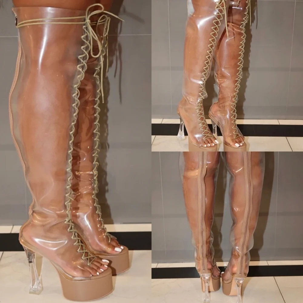 💙 NUDE  Platform THIGH HIGH LACE UP Boot SHOES *NEW*